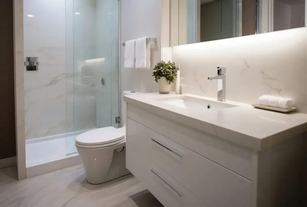 Modern bathroom remodel with glass walk-in shower, floating white vanity and marble-look tile