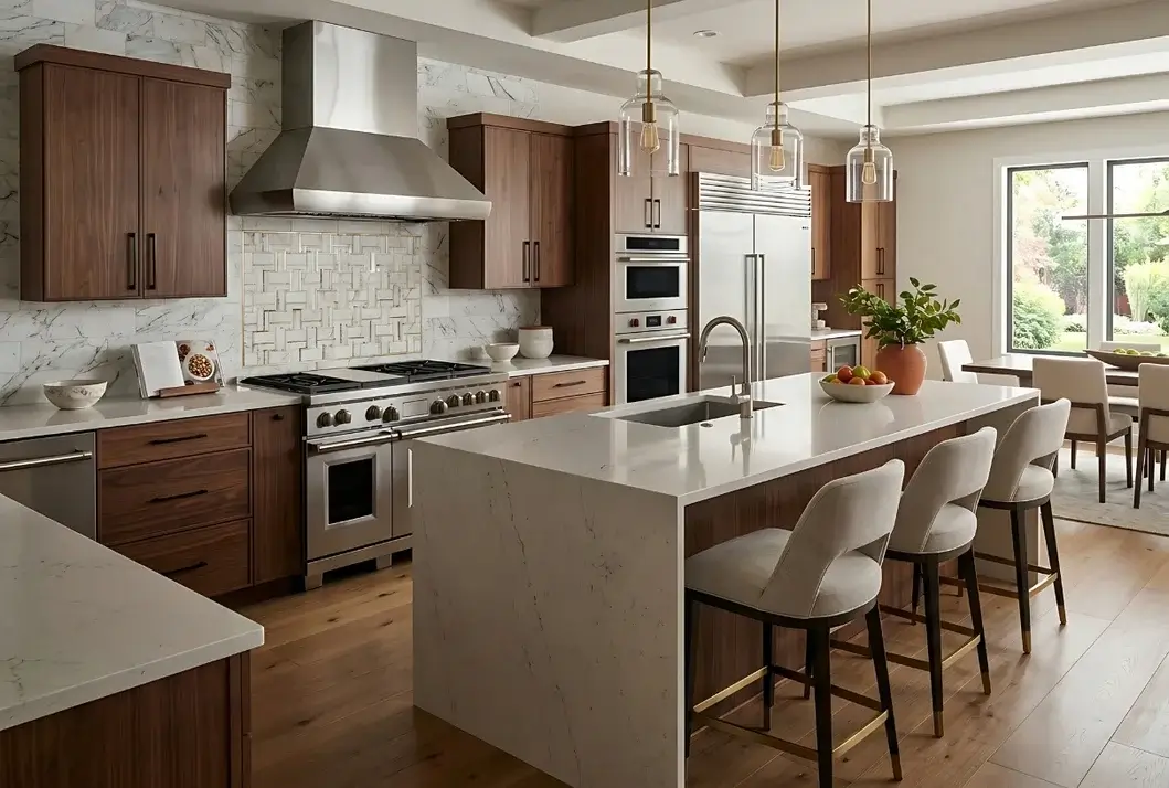 Remodeled kitchen with wood cabinets, quartz island, pendant lights and stainless appliances