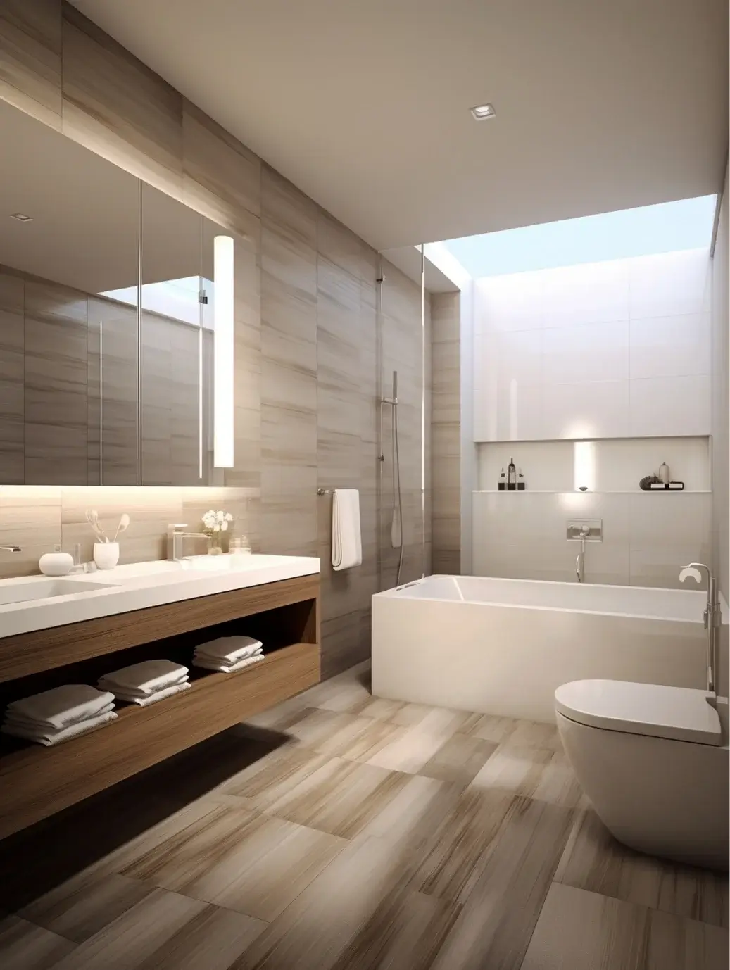 Modern bathroom remodeling project by Victory Construction with custom vanity, bathtub, tile flooring, and contemporary finishes